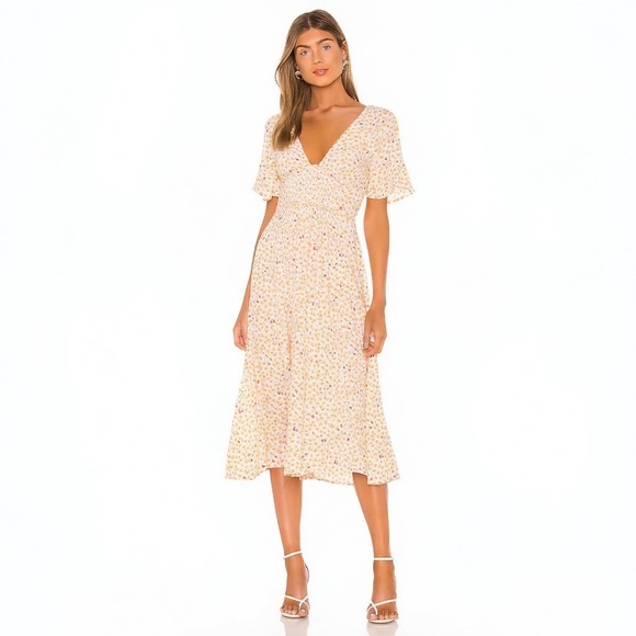 Free People Dresses & Skirts - Free People In Full Bloom Midi Dress Ivory Floral V-Neck Smocked Waist XS